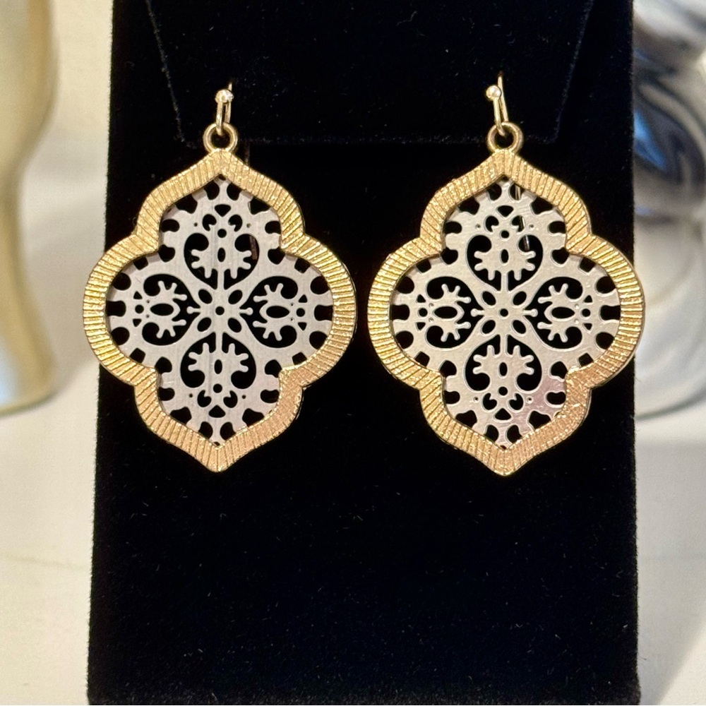 Moroccan Filagree Earrings Medallion Scroll Cut-Out Two-Tone Bohemian Da… - Picture 3 of 5
